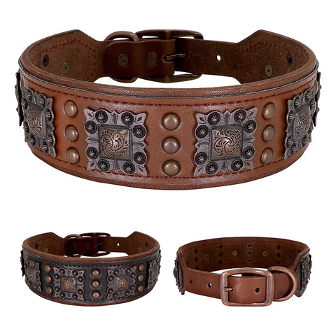 Canis Wide Rivets Decorated Genuine Leather Dog Collar Dog Nation