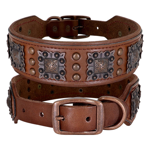 Canis Wide Rivets Decorated Genuine Leather Dog Collar Brown Dog Nation