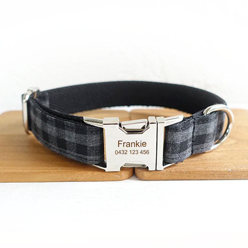 The Black Plaid Personalised Dog Collar Handmade Laser Engraved Dog Nation