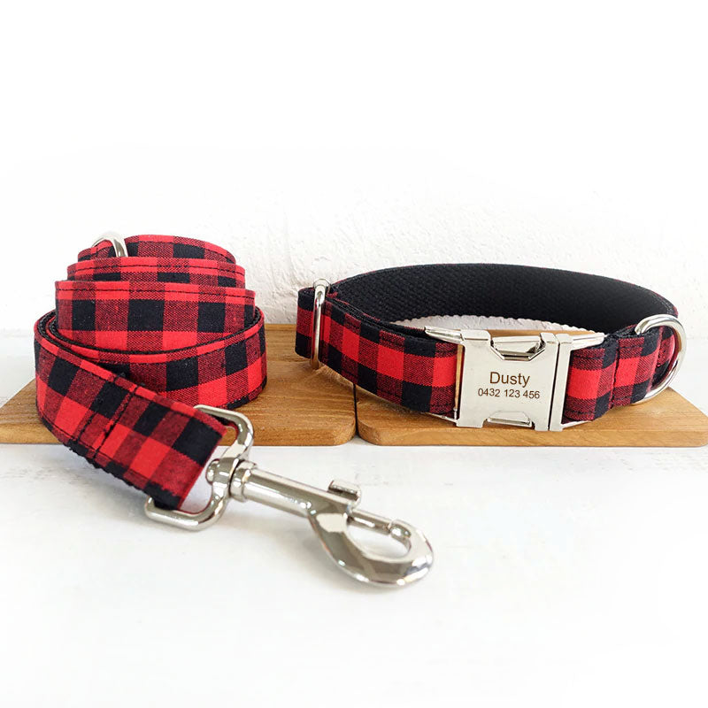 The Red Black Plaid Personalised Dog Collar Leash Set Handmade