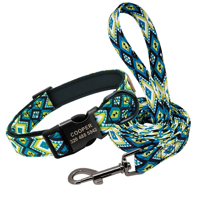 Alpha Personalised Bohemian Nylon Dog Collar & Leash Set Blue Dog Nation