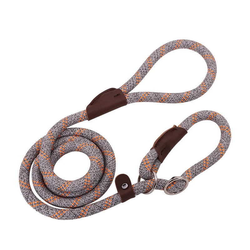 Dog leash with brown handle and patterned design, length 120cm, on a white background
