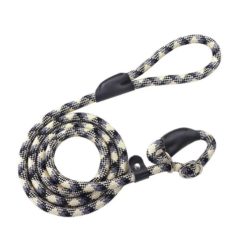Dog leash with checkered pattern and black carabiner on a white background