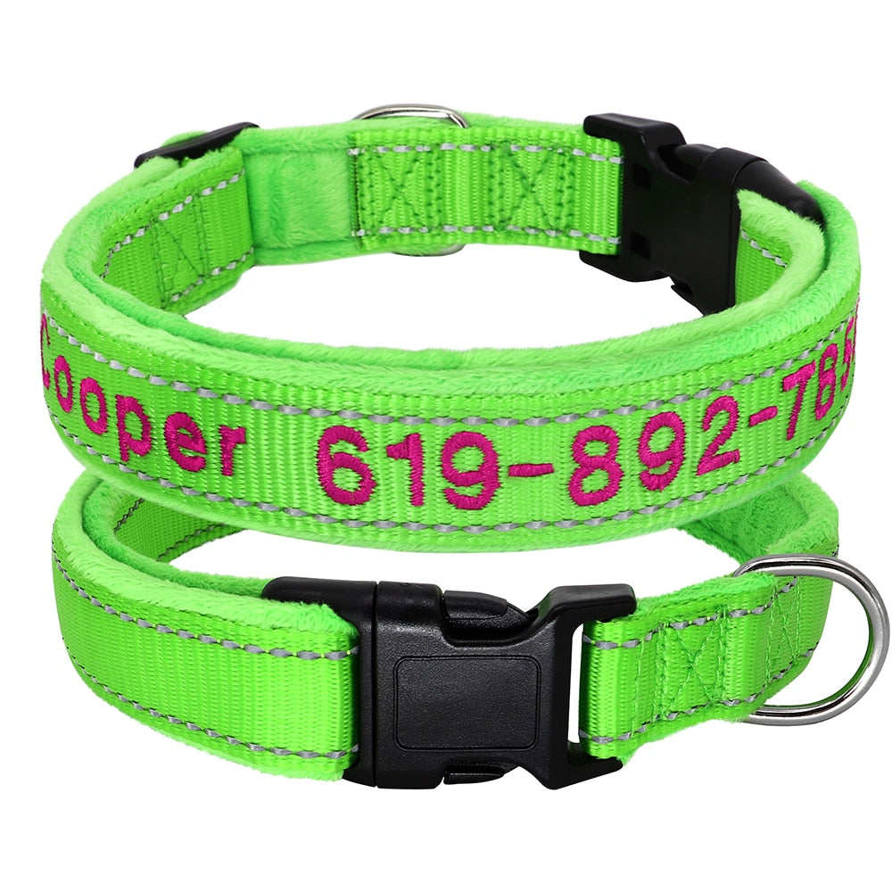 Embroidered Dog Collar Soft Padded Reflective green Dog Nation