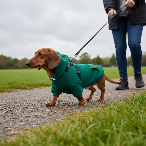 Dachshund in Green Fleece Hoodie Walking with Owner on Overcast Day