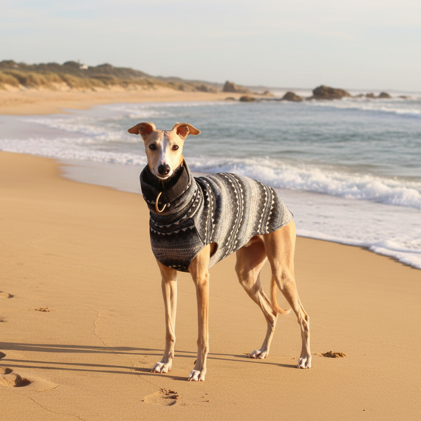Greyhound in Actual Product Coat on Autumn Beach