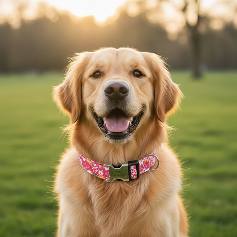 Golden Retriever wearing red Pluto personalised collar with MAX engraving
