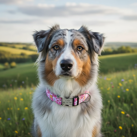 Australian Shepherd wearing pink Pluto personalised collar with LUNA engraving