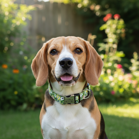 Beagle wearing green Pluto personalised collar with CHARLIE engraving