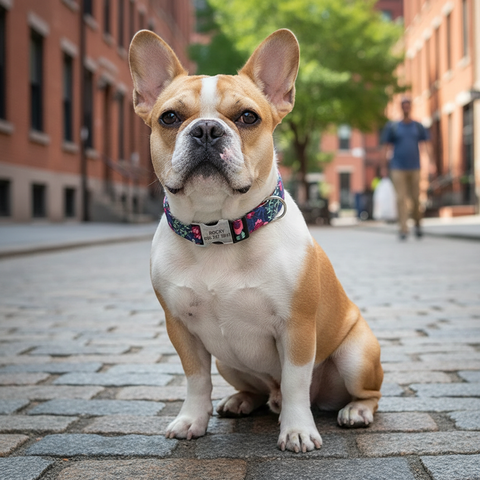 French Bulldog wearing black Pluto personalised collar with ROCKY engraving
