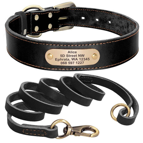 Sirius Genuine Leather Dog Collar and Leash Set Personalised