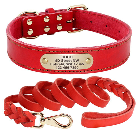 Solaris Genuine Leather Dog Collar and Leash Set Personalised Red Dog Nation