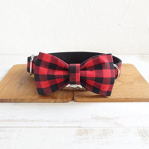 The Red Black Plaid Personalised Dog Collar & Leash Set Handmade Collar + Bow Tie Dog Nation