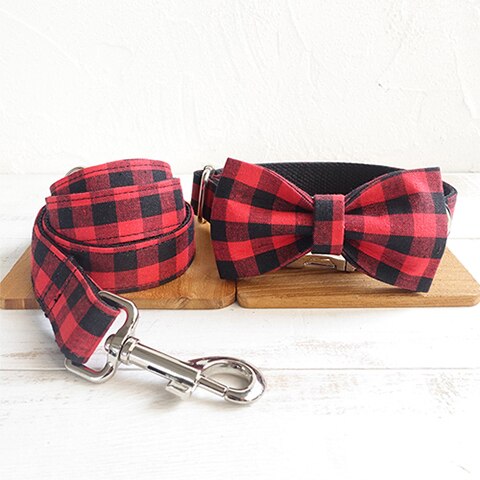 The Red Black Plaid Personalised Dog Collar & Leash Set Handmade Collar + Bow Tie + Leash Dog Nation