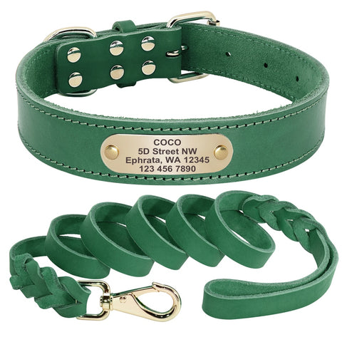 Solaris Genuine Leather Dog Collar and Leash Set Personalised Green Dog Nation