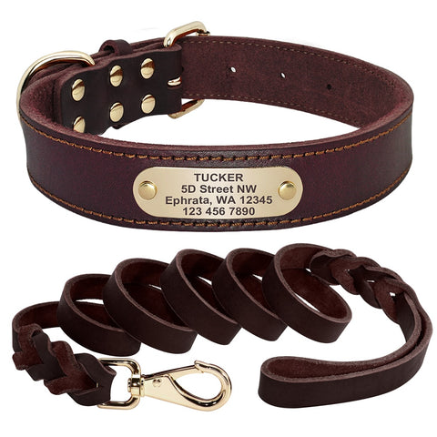 Solaris Genuine Leather Dog Collar and Leash Set Personalised Brown Dog Nation