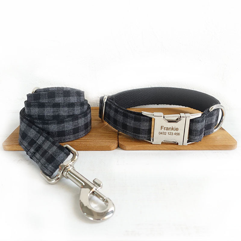 The Black Plaid Personalised Dog Collar Leash Set Handmade Laser Engraved Collar + Leash Set Dog Nation