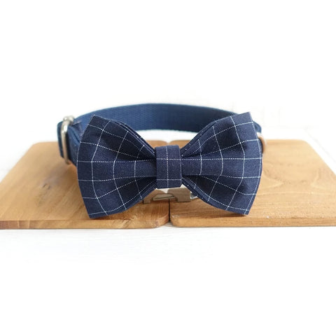 The Deep Blue Plaid Personalised Dog Collar & Leash Set Handmade Laser Engraved Collar + Bow Tie Dog Nation