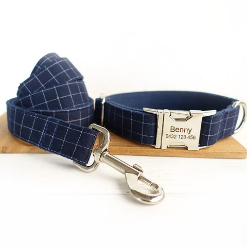 The Deep Blue Plaid Personalised Dog Collar & Leash Set Handmade Laser Engraved Collar + Leash Dog Nation