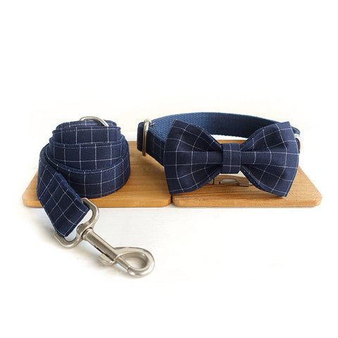 The Deep Blue Plaid Personalised Dog Collar & Leash Set Handmade Laser Engraved Collar +Bow Tie + Leash Dog Nation