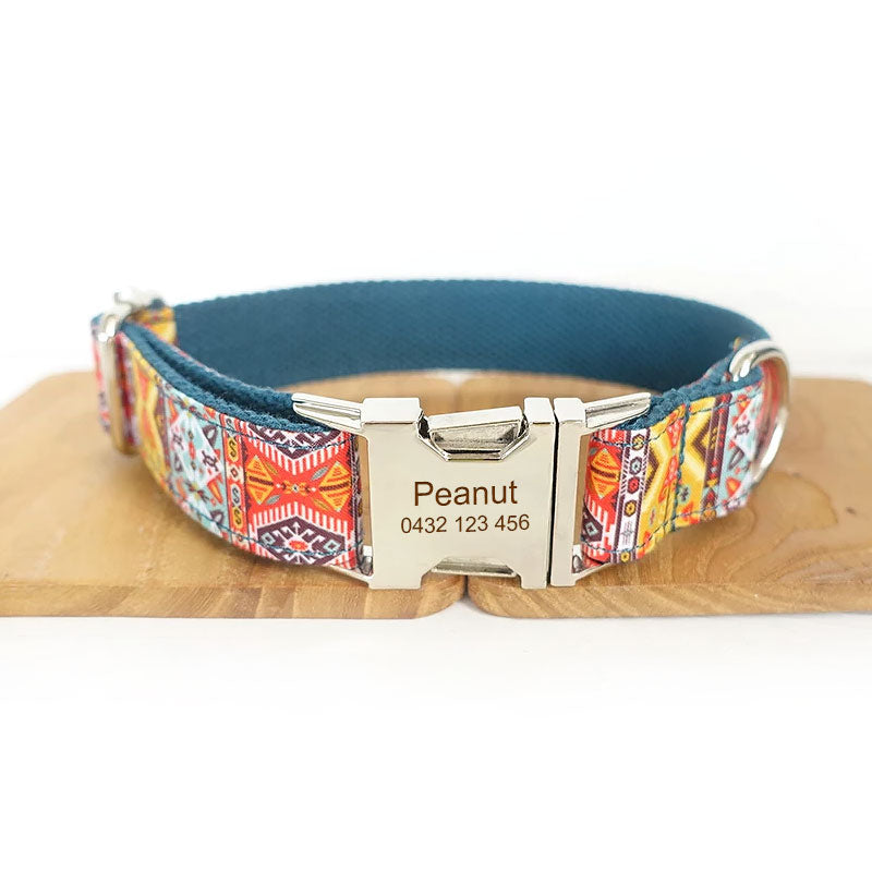 The Bohemian Personalised Dog Collar Handmade Laser Engraved XL M L XS S Dog Nation