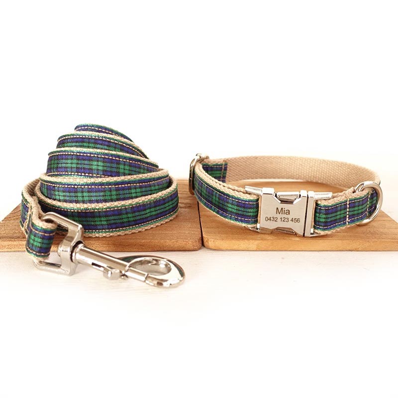 The Forest Plaid Personalised Dog Collar Set Collar + Leash Set Dog Nation