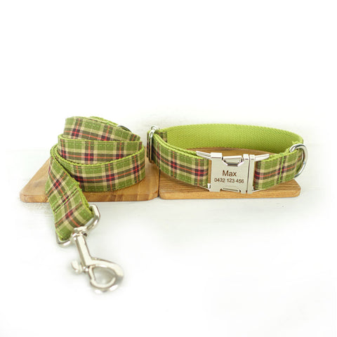 The Green Plaid Personalised Dog Collar & Leash Set Handmade Laser Engraved Collar + Leash Set Dog Nation
