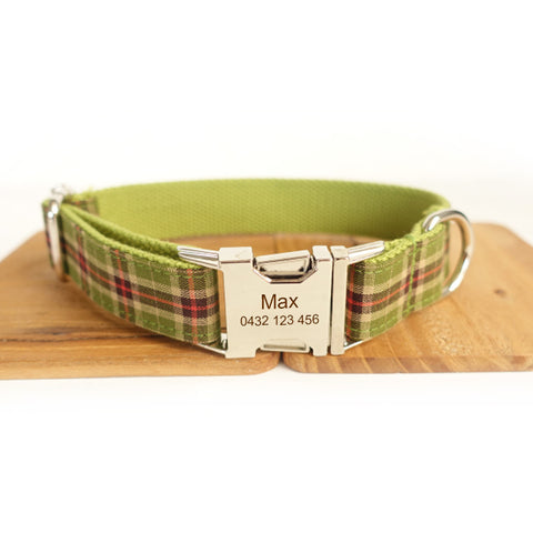 The Green Plaid Personalised Dog Collar Handmade Laser Engraved XS L M XL S Dog Nation