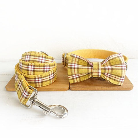The Lemon Plaid Personalised Dog Collar Set Collar + Bow Tie + Leash Dog Nation