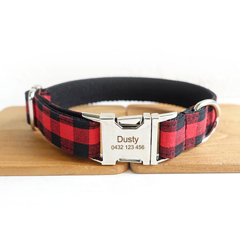 The Red Black Plaid Personalised Dog Collar Handmade Laser Engraved XS S L M XL Dog Nation