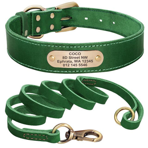 Sirius Genuine Leather Dog Collar and Leash Set Personalised Green Dog Nation