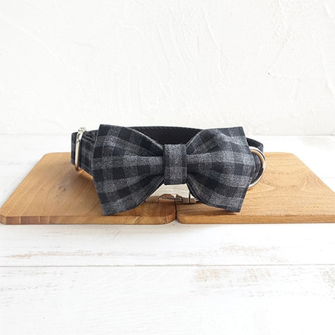 The Black Plaid Personalised Dog Collar Leash Set Handmade Laser Engraved Collar + Bow Tie Dog Nation