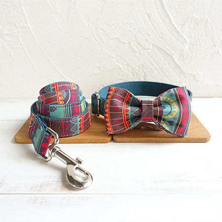 The Maya Personalised Dog Collar & Leash Set Handmade Laser Engraved Bow Tie + Collar + Leash Set Dog Nation