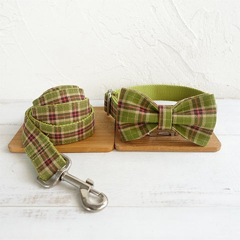 The Green Plaid Personalised Dog Collar & Leash Set Handmade Laser Engraved Collar + Bow Tie + Leash Dog Nation